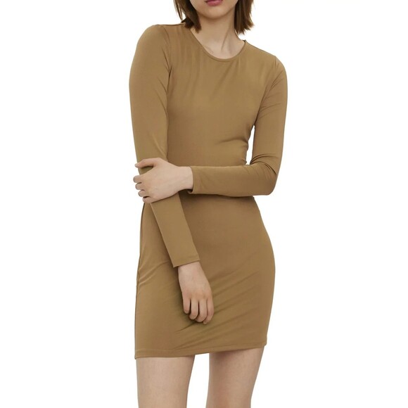 New Womens NWT Vero Moda $80 Open Back Dress Tigers Eye M Tan Gold Long Sleeves - Picture 6 of 6